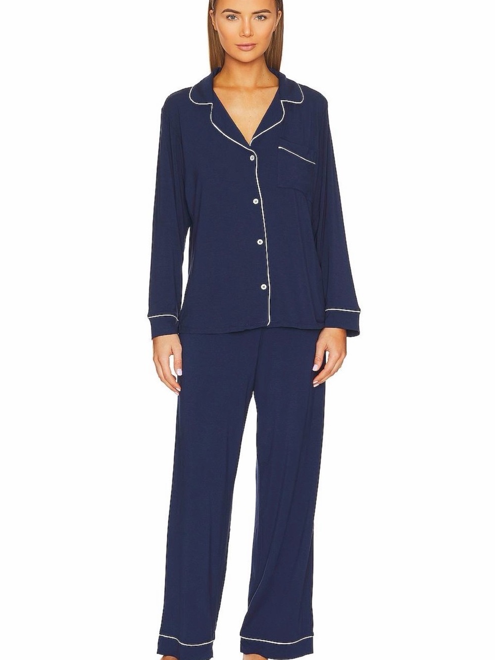 Eberjey Gisele Navy Track Jogger Pajama Set with Cream Piping Size XS
